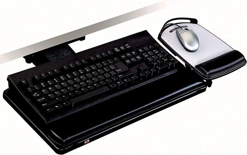 Photo 1 of 3M Keyboard Tray With Adjustable Keyboard And Mouse Platforms, Turn Knob To Adjust Height And Tilt, Swivels And Stores Under Desk, Gel Wrist Rest And Precise Mouse Pad, 17.75" Track, Black (AKT80LE)
