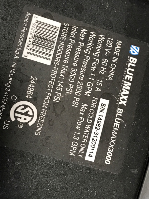 Photo 6 of **UNIT MAKES GRIDING NOISE WHEN ON** AR Blue Clean Maxx3000, Induction Motor 3000 PSI Electric Pressure Washer, 1.3 GPM with Cart, Power car wash, Driveway, Fence, Deck, ATV, Boat, Wash Wash