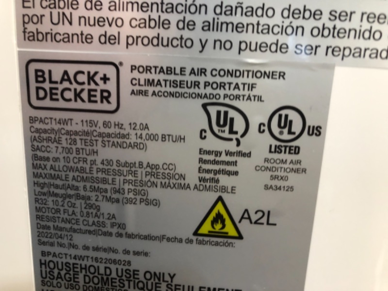 Photo 7 of COMPRESSOR DID NOT POWER ON 
BLACK+DECKER 8,000 BTU Portable Air Conditioner with Remote Control, White
