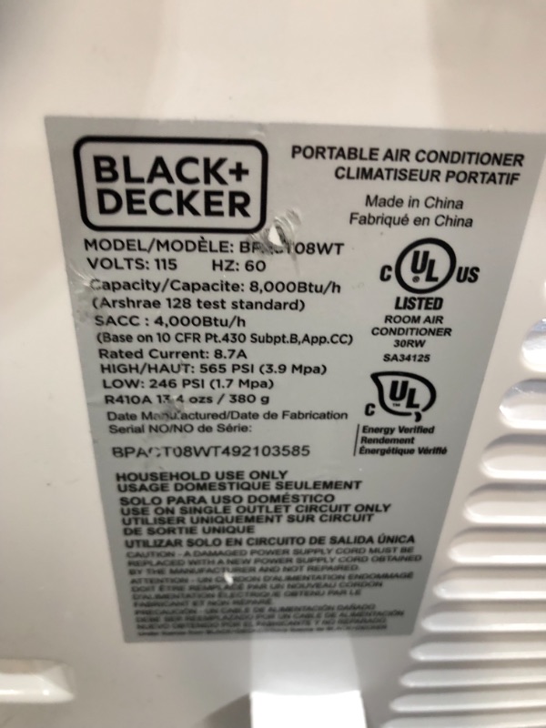 Photo 7 of BLACK+DECKER 8,000 BTU Portable Air Conditioner with Remote Control, White
