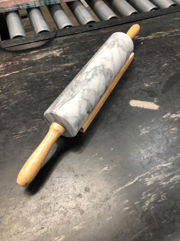 Photo 2 of **DAMAGED HANDLE ON ONE END** Greenco Hand Crafted Nonstick Marble Rolling Pin with Wood Handles on Wooden Board Resting Base | Dough, Pastry, Bread, Tortilla, and Pizza Roller Pins |...
