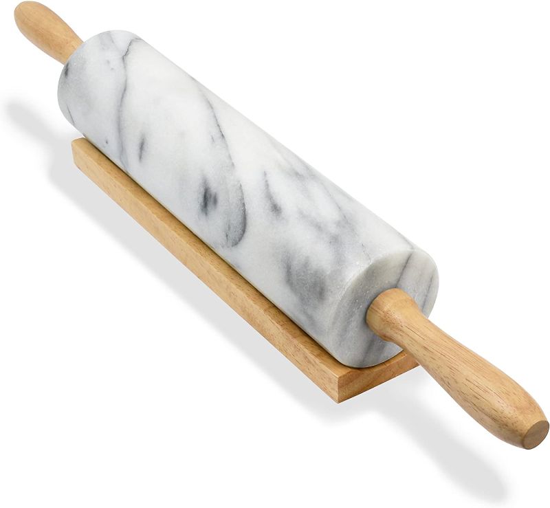 Photo 1 of **DAMAGED HANDLE ON ONE END** Greenco Hand Crafted Nonstick Marble Rolling Pin with Wood Handles on Wooden Board Resting Base | Dough, Pastry, Bread, Tortilla, and Pizza Roller Pins |...
