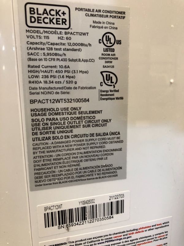 Photo 5 of **MINOR DAMAGE** BLACK+DECKER 6,500 BTU DOE (12,000 BTU ASHRAE) Portable Air Conditioner with Remote Control, White