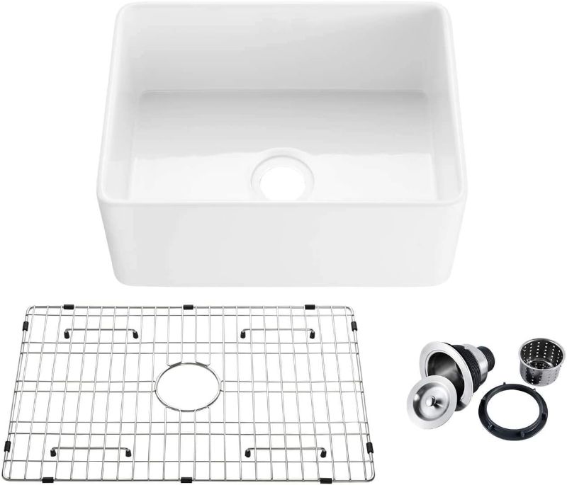 Photo 1 of **MISSING SMALL PARTS** 24" White Fireclay Farmhouse Apron Front Kitchen Sink with Bottom Grid and Strainer
