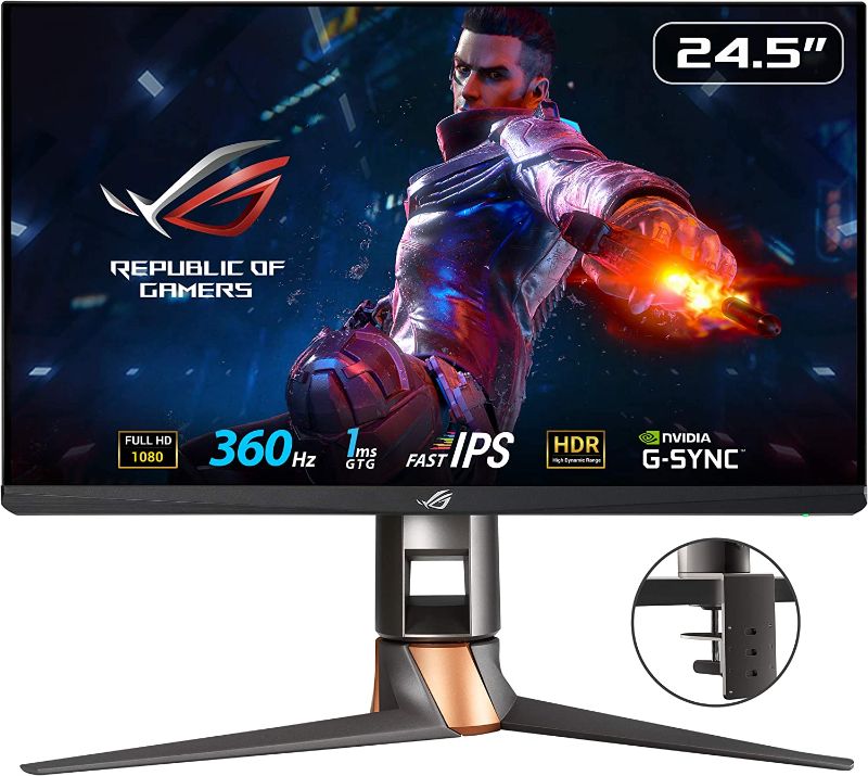 Photo 1 of **DISPLAY SHOWS LINES NEEDS REPAIR** ASUS ROG Swift 360Hz PG259QNR 24.5” HDR Gaming Monitor, 1080P Full HD, Fast IPS, 1ms, G-SYNC, ULMB, NVIDIA Reflex Latency Analyzer, HDMI DisplayPort USB, Desk Mount Kit, VESA Wall Mountable, HDR10
