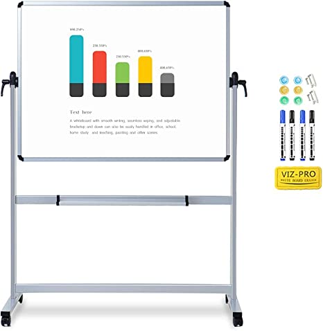 Photo 1 of (DENTED/BENT BOARD/FRAME) VIZ-PRO Double-Sided Magnetic Mobile Whiteboard, 48 x 32 Inches, Aluminium Frame and Stand
