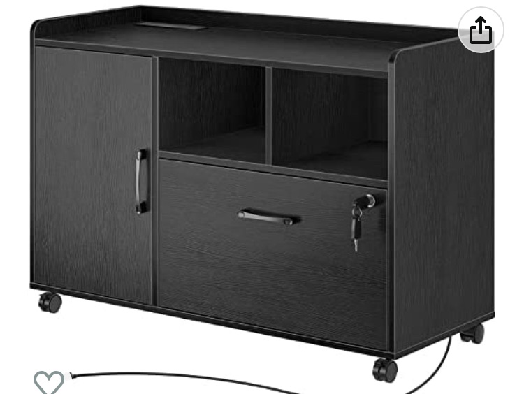 Photo 1 of Rolanstar File Cabinet with Charging Station, Mobile Lateral Filing Cabinet with Locking Drawers, Printer Stand with Open Storage Shelf with Wheels, for Letter/Legal / A4 Size Files, Black