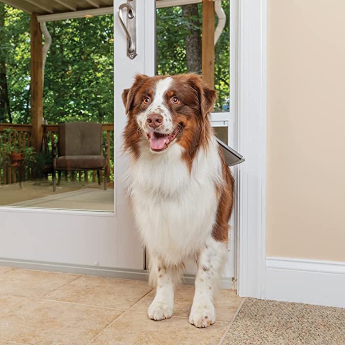 Photo 1 of (DENTED CORNER) PetSafe 1-Piece Sliding Glass Pet Door for Dogs & Cats - Adjustable Height 75 7/8" to 80 11/16"- Large, White, No-Cut Install, Aluminum Patio Panel Insert, Great for Renters or Seasonal Installation
