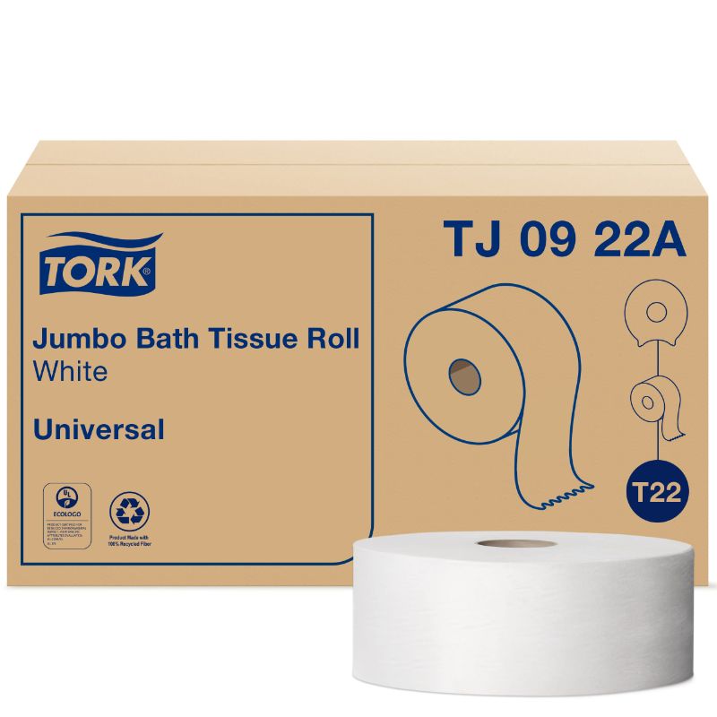 Photo 1 of (DAMAGED ENDS) Tork Jumbo Toilet Paper Roll White T22, Universal, 2-ply, 12 x 1000', TJ0922A
