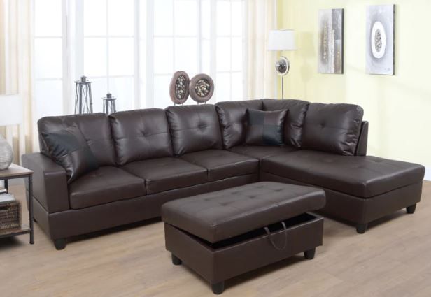 Photo 1 of **INCOMPLETE BOX 2 OF 3 ONLY**3 PC Sectional Sofa Set, (Brown) Faux Leather Right -Facing Chaise + Free Storage Ottoman
