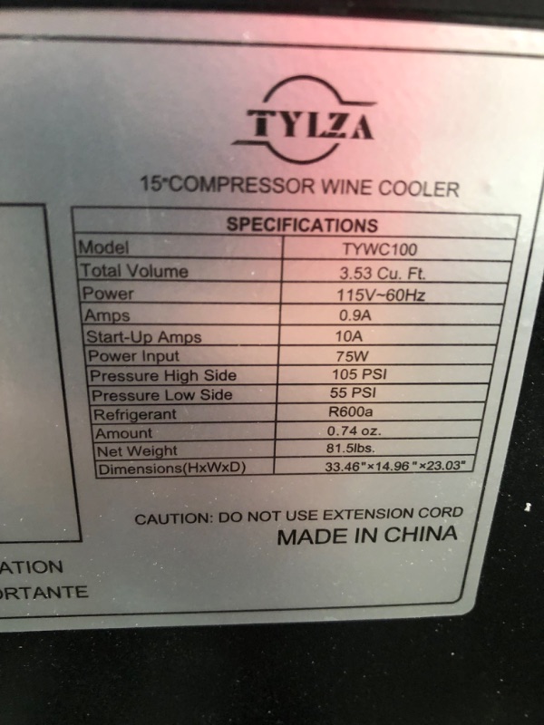 Photo 4 of **DOES NOT POWER ON**TYLZA Mini Fridge 15 Inch Wine Cooler Under Counter, 30 Bottle Dual Zone Wine Fridge with Stainless Steel, Wine Refrigerator Freestanding, and Built-in Wine Cellars TYWC100
