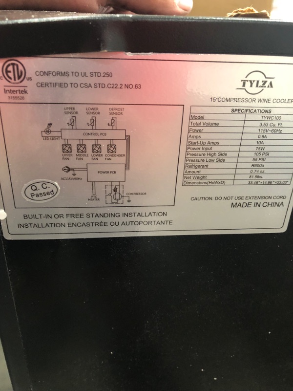 Photo 2 of **DOES NOT POWER ON**TYLZA Mini Fridge 15 Inch Wine Cooler Under Counter, 30 Bottle Dual Zone Wine Fridge with Stainless Steel, Wine Refrigerator Freestanding, and Built-in Wine Cellars TYWC100
