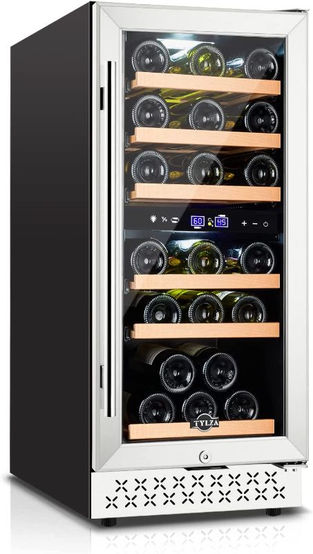 Photo 1 of **DOES NOT POWER ON**TYLZA Mini Fridge 15 Inch Wine Cooler Under Counter, 30 Bottle Dual Zone Wine Fridge with Stainless Steel, Wine Refrigerator Freestanding, and Built-in Wine Cellars TYWC100
