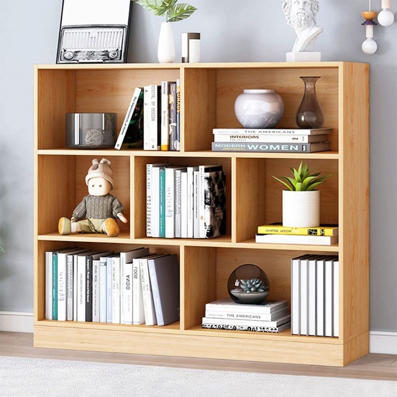 Photo 1 of  Open Shelf Low Bookcase - Wooden 3-Tier Floor Standing Display Cabinet Organizer with Base, 8 Cubes Short Horizontal Bookshelf in Pear Yellow
