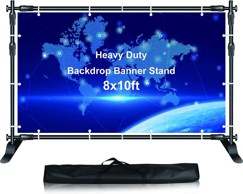 Photo 1 of  10x8ft Banner Stand Backdrop - Heavy Duty Step and Repeat Display Backdrop Stand Adjustable Telescopic Tube for Parties, Trade Show Wall, Photography Shoot, Photo Booth Background, Carry Bag
