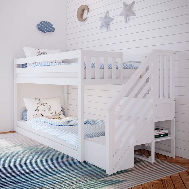 Photo 1 of ***MISSING ANOTHER BOX*** Max & Lily Low Bunk Bed, Twin-Over-Twin Bed Frame For Kids With Stairs, White
