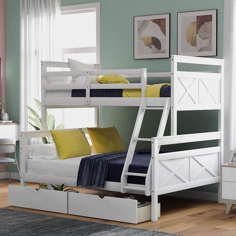 Photo 1 of ****INCOMPLETE BOX 2 OF 2 ONLY** Twin Over Full Bunk Bed with 2 Drawers for Kids, Bedroom, Convertible Wooden Bedframe Bunkbeds with Safety Guardrails & Ladder, No Box Spring Needed, White
