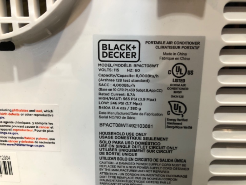 Photo 3 of TESTED POWERED ON ***
BLACK+DECKER 8,000 BTU Portable Air Conditioner with Remote Control, White
