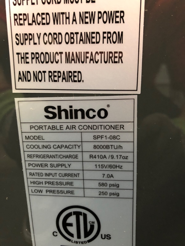 Photo 2 of TESTED POWERED ON ***
Shinco 8,000 BTU Portable Air Conditioner with Built-in Dehumidifier Function, Fan Mode, Quiet AC Unit Cools Rooms up to 200 sq.ft, LED Display, Remote Control, Complete Window Mount Exhaust Kit
