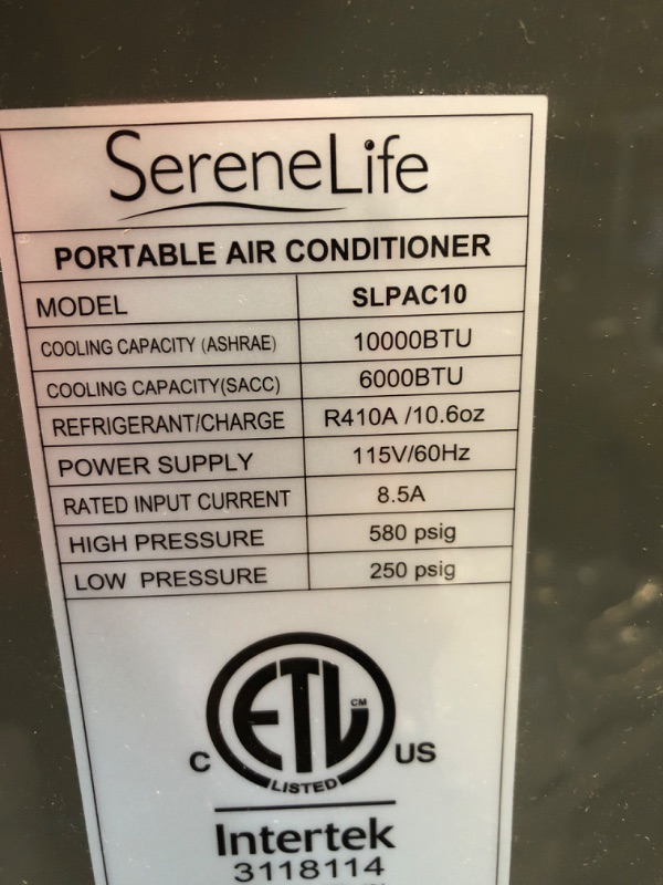 Photo 4 of TESTED POWERED ON***
FRONT FLAPS  SereneLife SLPAC10 Portable Air Conditioner Compact Home AC Cooling Unit with Built-in Dehumidifier & Fan Modes, Quiet Operation, Includes Window Mount Kit, 10,000 BTU, White
