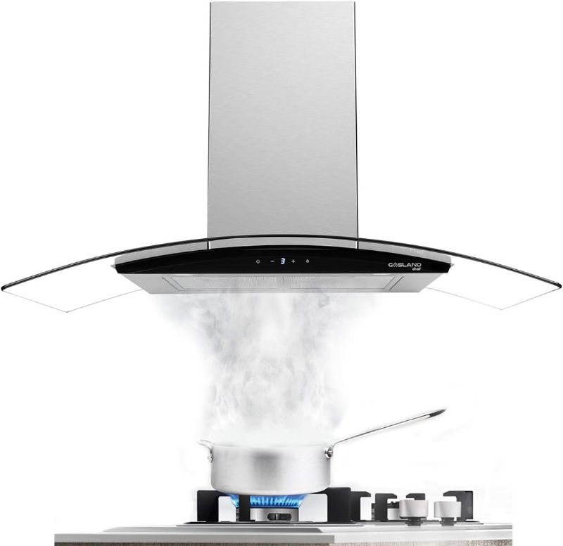 Photo 3 of 36" Range Hood, GASLAND Chef GR36SS Curved Glass Stainless Steel Wall Mount Range Hood, 3 Speed 450 CFM Ducted Kitchen Hood with LED Lights, Sensor Touch Control, Convertible Chimney, Aluminum Filter
