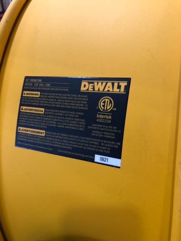 Photo 3 of **DOES NOT POWER ON**DEWALT Drum Fan High-Velocity Industrial, Drum, Floor, Barn, Warehouse Fan, Heavy Duty Air Mover with Adjustable Tilt & Large Wheel, 24", Yellow DXF2490
