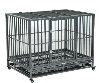 Photo 1 of  Heavy Duty Steel Dog Crate with Wheels, Gray, Large, 42"L