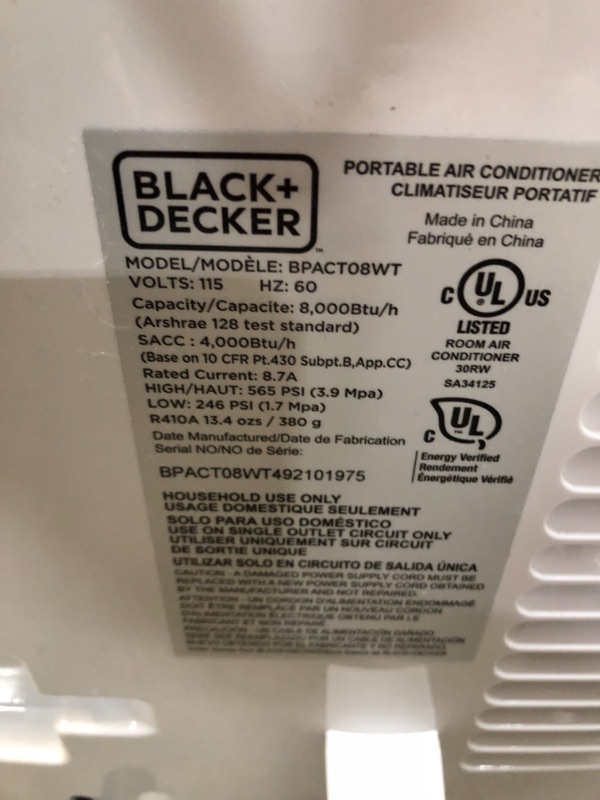 Photo 5 of BLACK+DECKER 8,000 BTU Portable Air Conditioner with Remote Control, White
