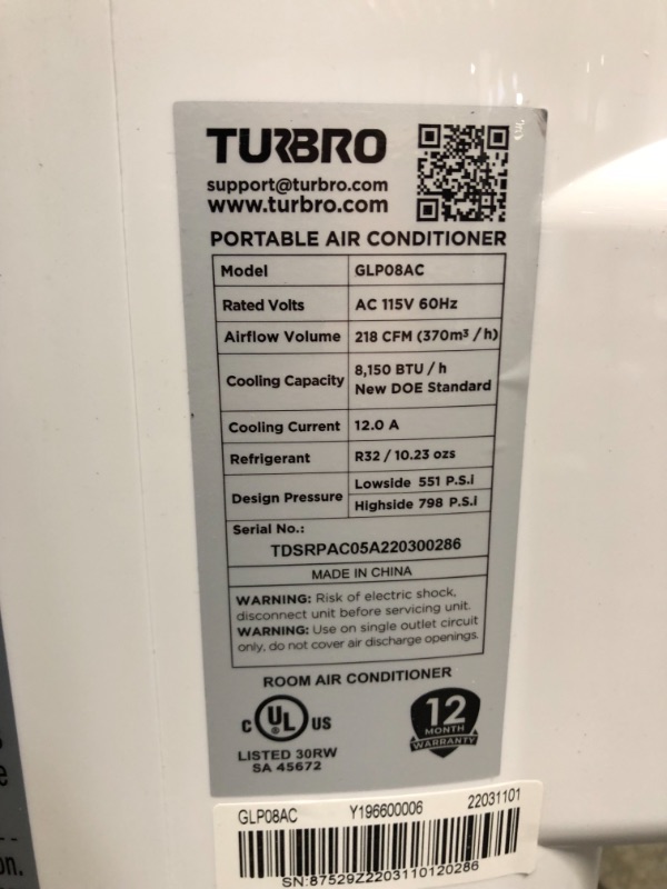 Photo 4 of TURBRO Greenland 12,000 BTU Portable Air Conditioner, Dehumidifier, & Fan, 3-in-1 Floor AC for Rooms up to 500 Sq Ft, Sleep Mode, Timer, Backlit Remote Included (8,000 BTU SACC)
