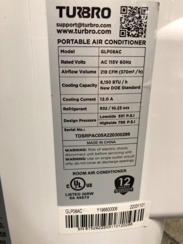 Photo 3 of TURBRO Greenland 12,000 BTU Portable Air Conditioner, Dehumidifier, & Fan, 3-in-1 Floor AC for Rooms up to 500 Sq Ft, Sleep Mode, Timer, Backlit Remote Included (8,000 BTU SACC)
