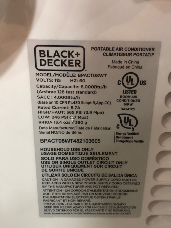 Photo 11 of (DAMAGED, NOT FUNCTIONAL)BLACK+DECKER 8,000 BTU Portable Air Conditioner with Remote Control, White
**DID NOT POWER ON, FRONT IS BROKEN, MISSING REMOTE**
