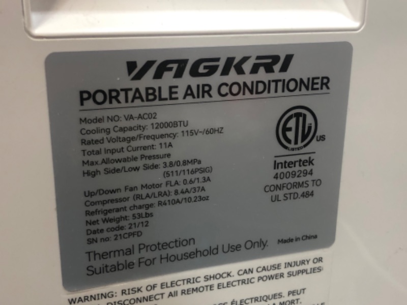 Photo 3 of VAGKRI Portable Air Conditioners 12000 BTU, 3-in-1 AC Unit with Fan & Dehumidifier Cools up to 400 sq. ft, Portable AC with ECO Mode, 3 Fan Speeds, Auto Swing, 24H On/Off Timer, Remote Control
