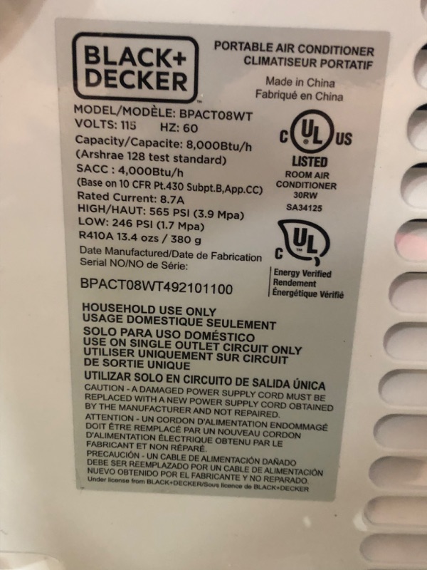 Photo 2 of BLACK+DECKER 8,000 BTU Portable Air Conditioner with Remote Control, White
