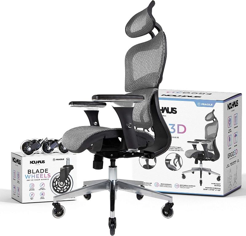 Photo 1 of NOUHAUS Ergo3D Ergonomic Office Chair - Rolling Desk Chair with 4D Adjustable Armrest, 3D Lumbar Support and Blade Wheels - Mesh Computer Chair, Office Chairs, Executive Swivel Chair (Grey)
