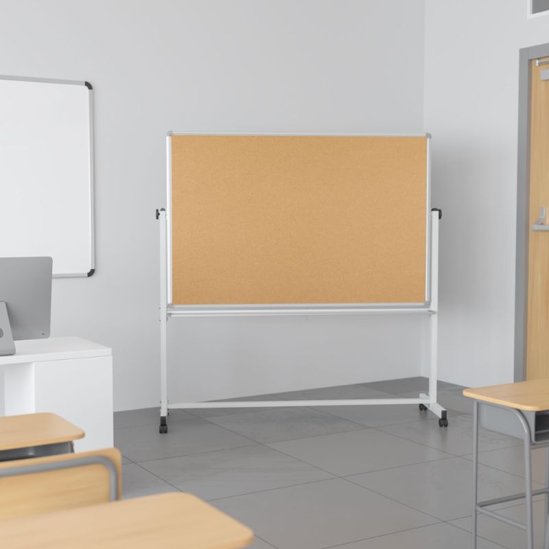 Photo 1 of HERCULES Series 64.25"W x 64.75"H Reversible Mobile Cork Bulletin Board and White Board with Pen Tray

