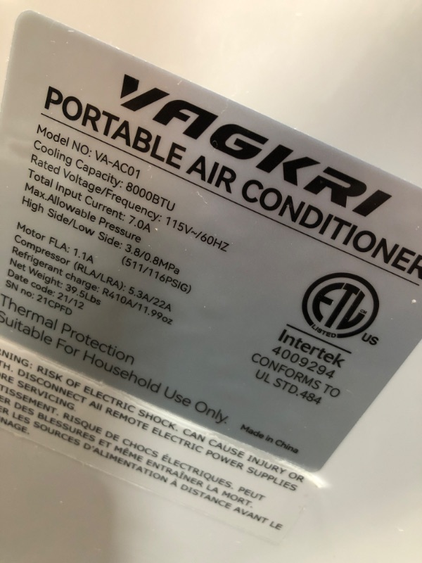 Photo 3 of VAGKRI Portable Air Conditioners 8000 BTU 3-in-1 AC Unit with Fan & Dehumidifier, Cools up to 250 sq. ft. ETL Protection with Side Handles & Casters, LED Display Full-Function, Remote Control, Timer
