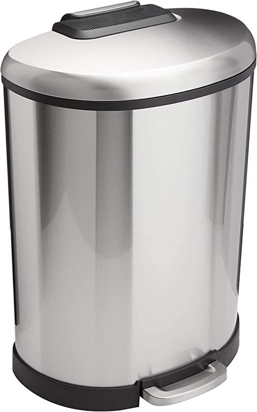 Photo 1 of (DENTED FRAME; CRACKED PLASTIC OUTER/INTERIOR PLASTIC; STEP PRESS DOES NOT LIFT LID) Amazon Basics 50 Liter / 13.2 Gallon Soft-Close Trash Can with Foot Pedal - D-Shaped, Stainless Steel
