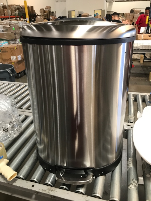 Photo 2 of (DENTED FRAME; CRACKED PLASTIC OUTER/INTERIOR PLASTIC; STEP PRESS DOES NOT LIFT LID) Amazon Basics 50 Liter / 13.2 Gallon Soft-Close Trash Can with Foot Pedal - D-Shaped, Stainless Steel
