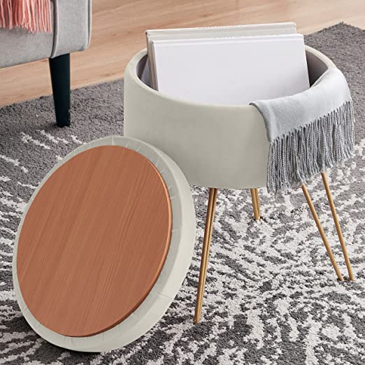 Photo 1 of (MISSING LEGS) pack of 2 Ornavo Home Modern Round Velvet Storage Ottoman Foot Rest Vanity Stool/Seat with Gold Metal Legs & Tray Top Coffee Table - Cream
