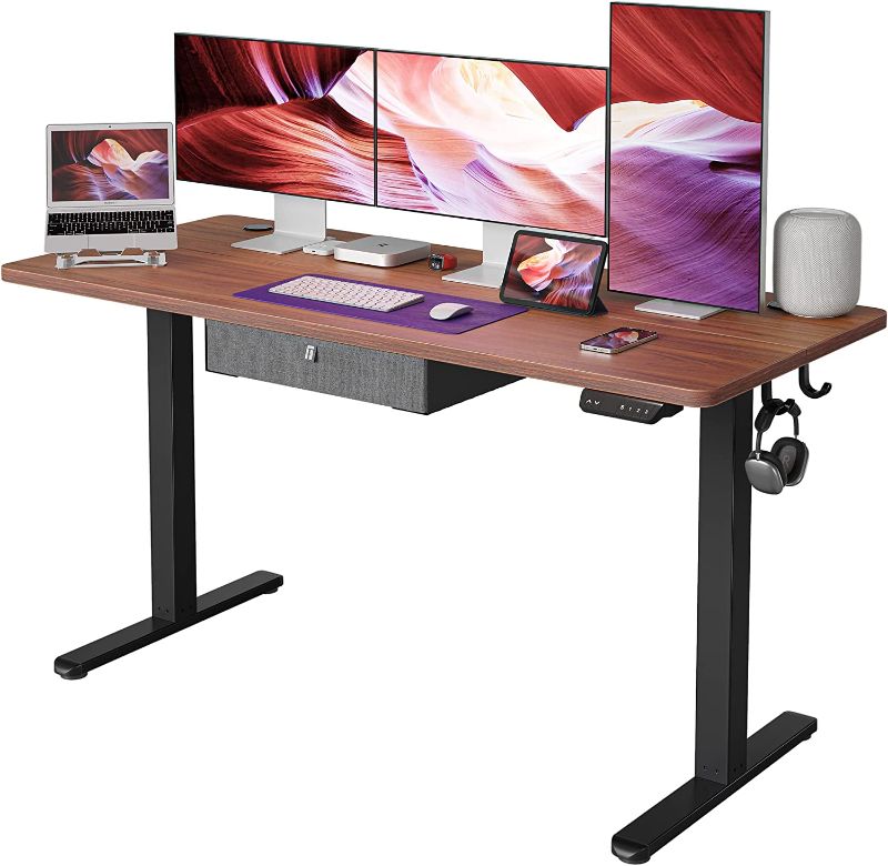 Photo 1 of 63 x 24 Inches FEZIBO Standing Desk with Drawer, Adjustable Height Electric Stand up Desk, Sit Stand Home Office Desk, Ergonomic Workstation Grey Steel Frame/Expresso Tabletop
