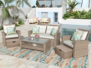 Photo 1 of (INCOMPLETE; NOT FUNCTINOAL; BOX1OF2; REQUIRES BOX2 FOR COMPLETION) kupet Outdoor Patio Furniture Set 4 Piece, All Weather Wicker Conversation Sectional Sofa with Storage Ottoman, Cushions and Glass Table, Beige
