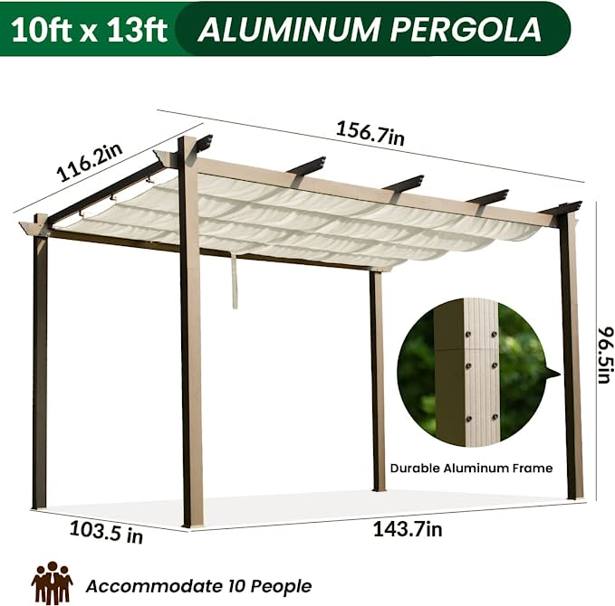 Photo 1 of (STOCK PIC INACCURATELY REFLECTS ACTUAL PRODUCT COLOR) MEWAY Outdoor Pergola Modern Yard Pergola with Retractable Canopy 10x13 Patio Aluminum Pergola Shelter,Beige
