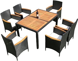 Photo 1 of (INCOMLETE; NOT FUNCTIONAL; BOX3OF3; REQUIRES BOX1,2 FOR COMPLETION) GAOPAN Table & Chairs 7 Piece Patio Wicker Rattan Chairs, Weather Indoor/Outdoor Dining Furniture Sets Include 1 Table & 6 Armchairs with Sit Cushions, 1, Black+Brown
