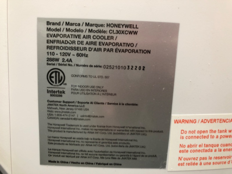 Photo 4 of (MISSING REMOTE/COOL PACKS; BROKEN WHEEL) Honeywell 806 CFM Indoor Portable Evaporative Air Cooler, Fan & Humidifier with Ice Compartment & Remote, Gray, CL30XCWW
