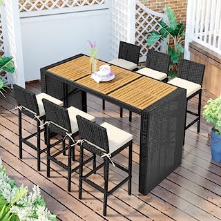 Photo 1 of (INCOMPLETE; NOT FUNCTIONAL; BOX4OF4; REQUIRES BOX1,2,3 FOR COMPLETION) kupet Outdoor Patio 7-Piece Rattan Dining Table Set, PE Wicker Bar Furniture with Wood Tabletop and 6 Chairs for Backyard, Garden, Black
