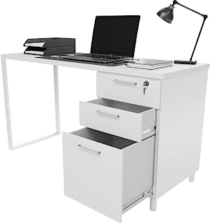 Photo 1 of (MISSING HARDWARE) Milano Home Office Desk - 47 Inch White/White Home Office Desk with Drawers - Modern Computer Desk with Storage, Detachable & Lockable Computer Cabinet - Wooden Office, Study, and Writing Table
