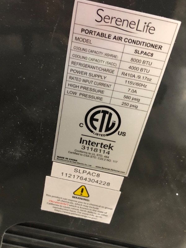 Photo 2 of (Does not function)Portable Electric Air Conditioner Unit - 900W 8000 BTU Power Plug In AC Cold Indoor Room Conditioning System w/ Cooler, Dehumidifier, Fan, Exhaust Hose, Window Seal, Wheels, Remote - SereneLife SLPAC8
**POWERS ON AND BLOWS AIR, UNABLE T