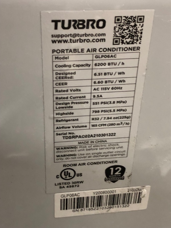 Photo 6 of (DAMAGE)TURBRO Greenland 10,000 BTU Portable Air Conditioner, Dehumidifier and Fan, 3-in-1 Floor AC Unit for Rooms up to 400 Sq Ft, Sleep Mode, Timer, Remote Included (6,000 BTU SACC)
**BUSTED ON THE SIDE, BROKEN WHEEL**