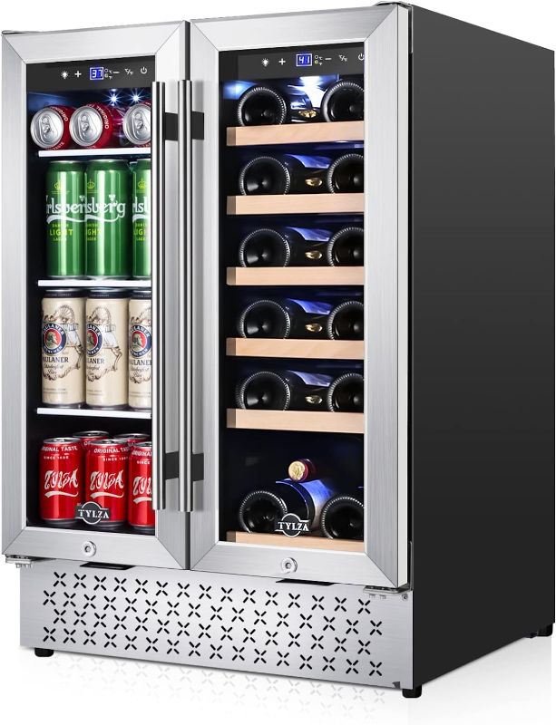 Photo 1 of TYLZA Wine and Beverage Refrigerator, 24 Inch Built-In Dual Zone Wine and Beverage Cooler, Freestanding French Door Drink Fridge, Wine Beer Cooler Under Counter Refrigerator TYBC120
