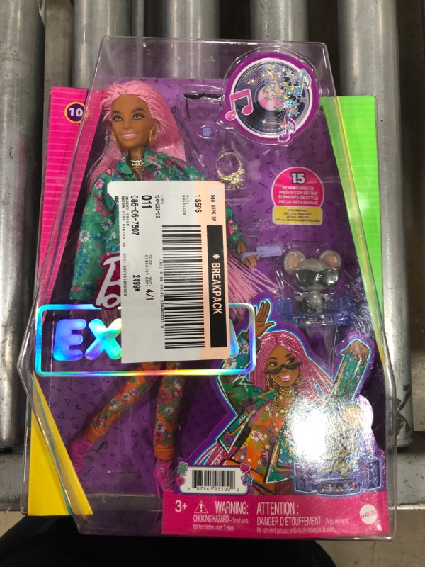 Photo 1 of Barbie Extra Doll 10 in Floral-Print Jacket with Dj Mouse Pet for Kids 3 Years Old and up
